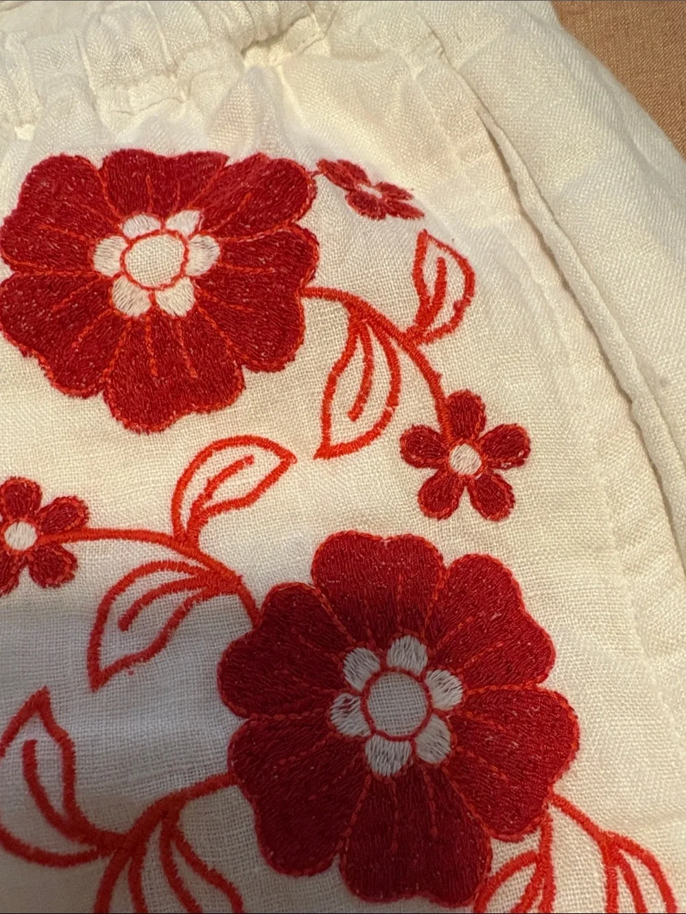 J. Crew NWT Soleil White Wide-Leg Linen Pants with Red Floral Embroidery XXS